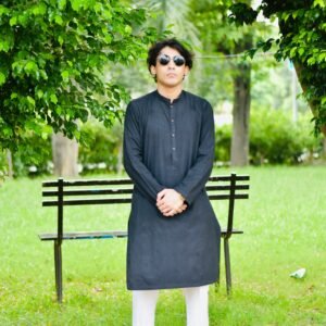 Charcoal Grey Textured Cotton-Linen Kurta
